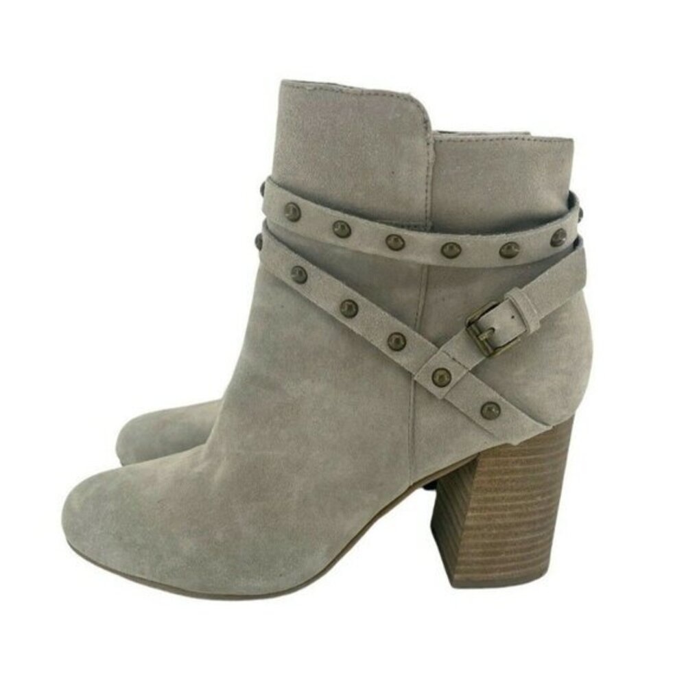 BP Kolo Suede Leather Taupe Booties Studded Ankle Strap Flared Heel Sz 8